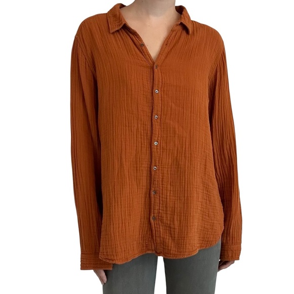 Xirena Button Down Shirt Muslin Cotton Orange Long Sleeve Beach Boho Size Large - Picture 1 of 7